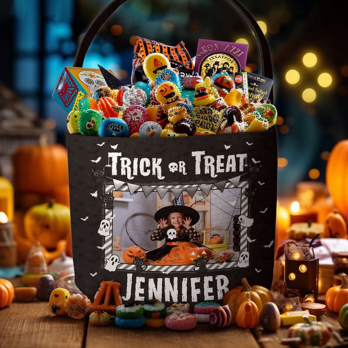 Kid Halloween Trick Or Treat Bag - Personalized Photo Halloween Spooky Basket