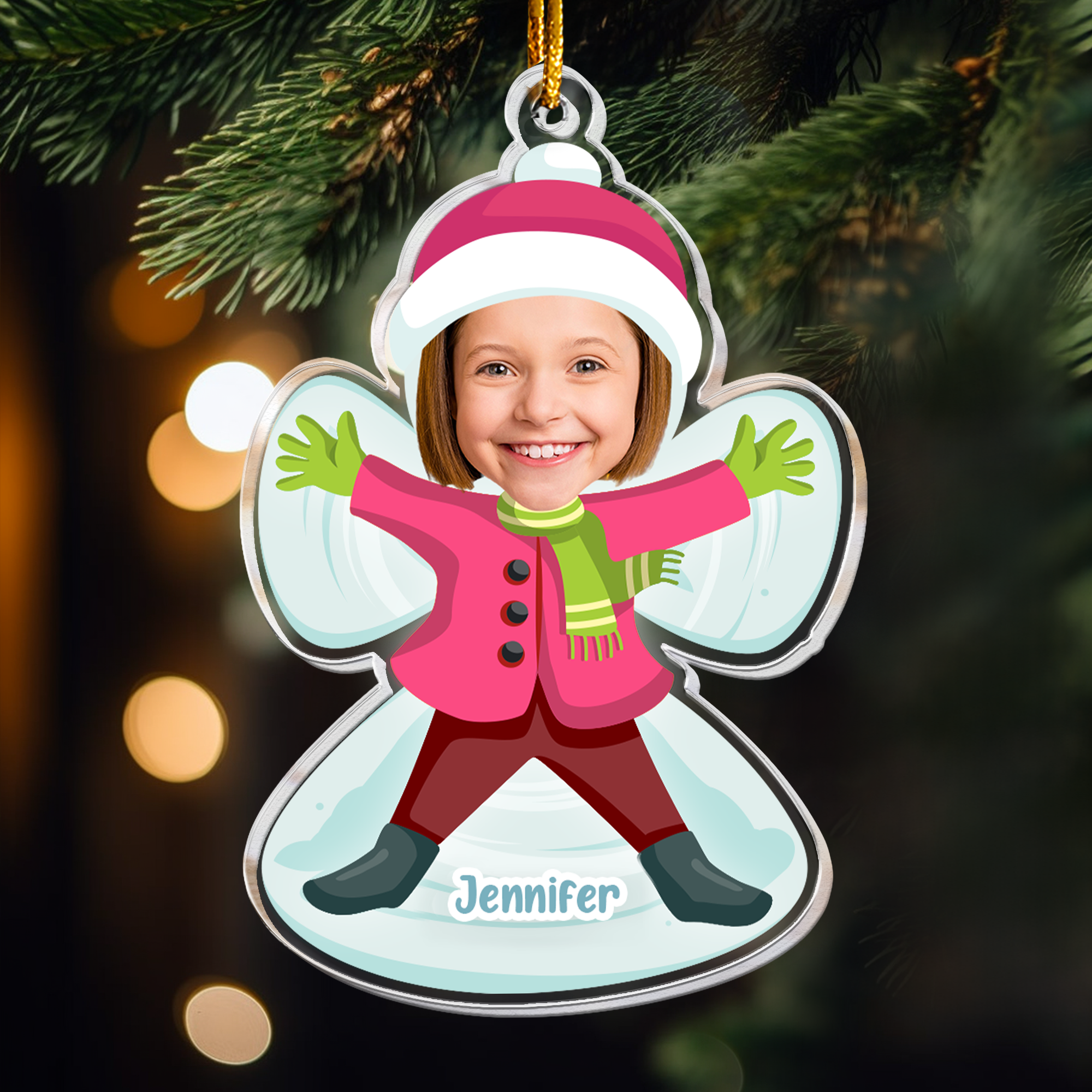 Kid Making Snow Angels Christmas - Personalized Acrylic Photo Ornament