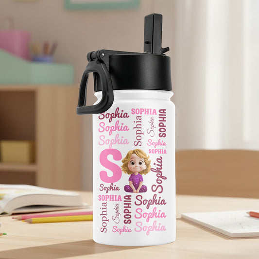 Kid Name Pattern - Personalized Kids Water Bottle With Straw Lid