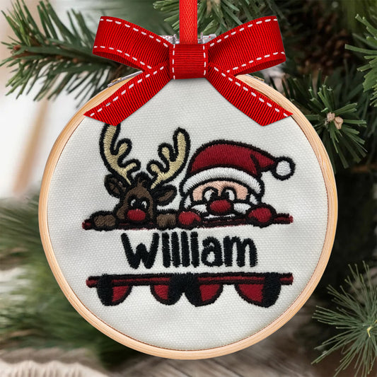 Kid Name Santa And Reindeer - Personalized Embroidered Ornament