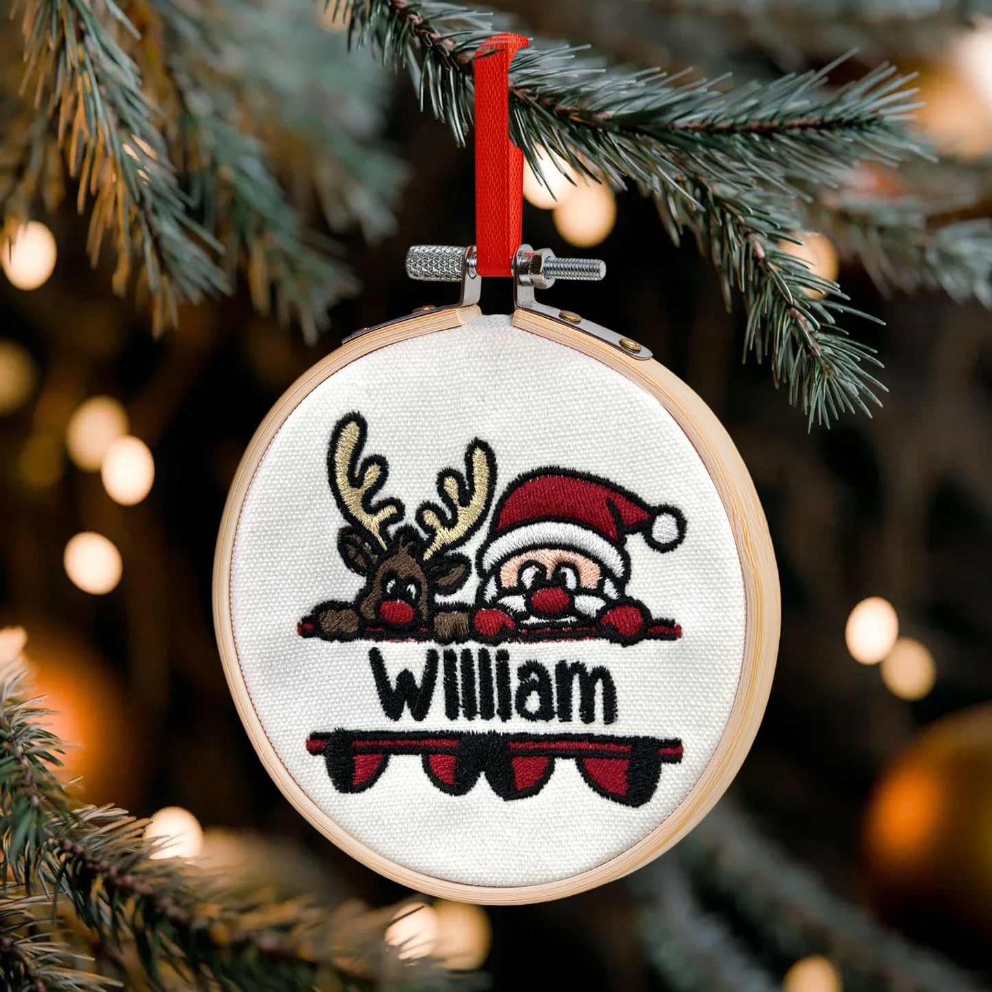 Kid Name Santa And Reindeer - Personalized Embroidered Ornament