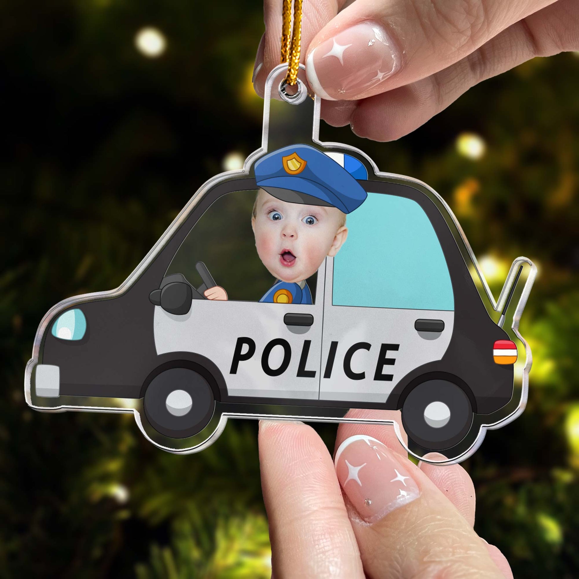 Kid Riding A Police Car & Transportation - Personalized Acrylic Photo Ornament
