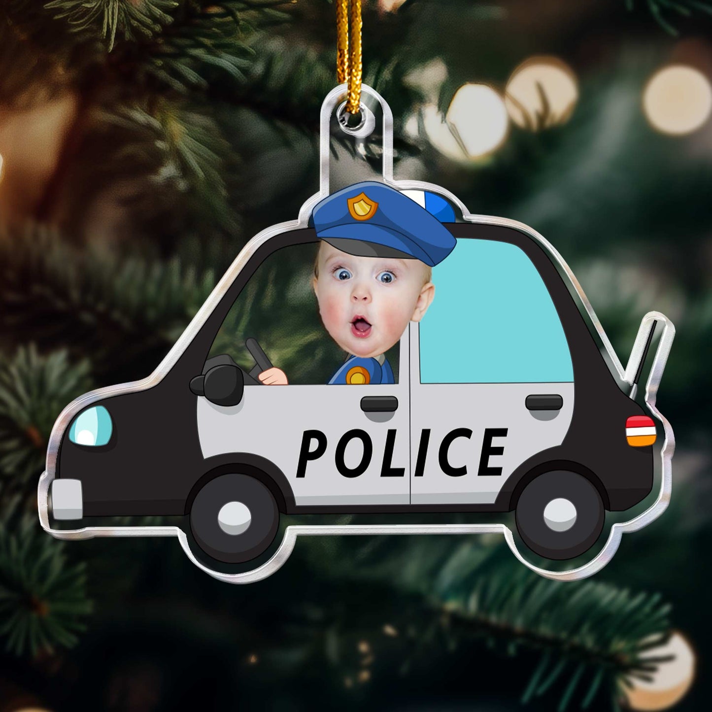 Kid Riding A Police Car & Transportation - Personalized Acrylic Photo Ornament