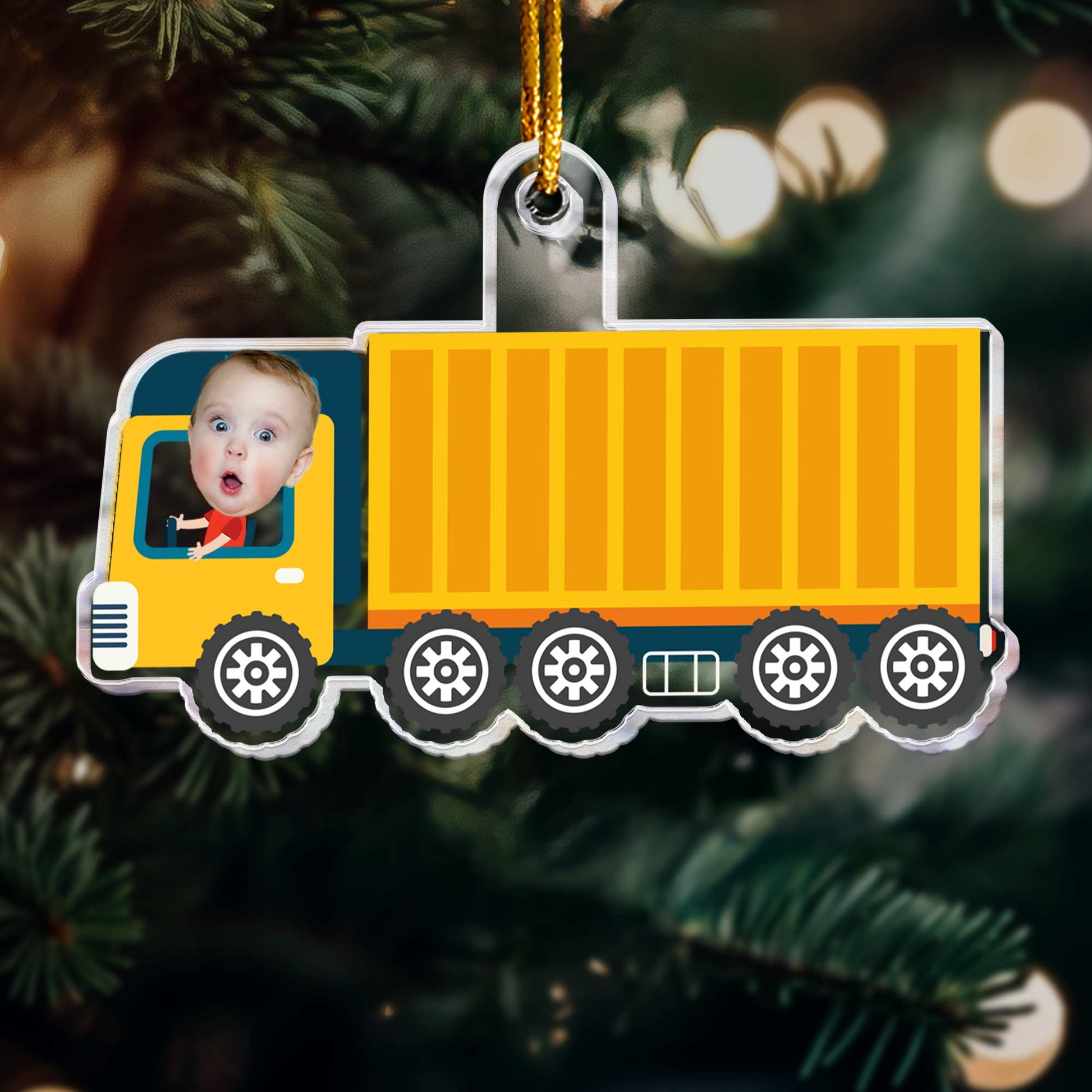 Kid Riding Container Truck - Personalized Acrylic Photo Ornament