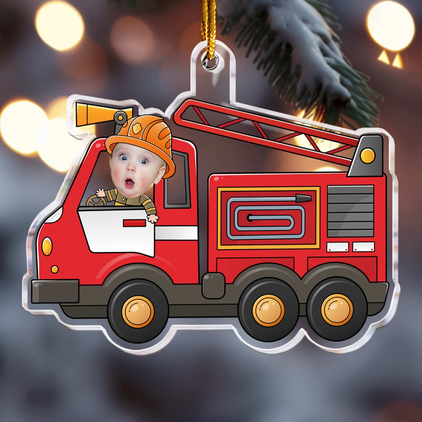 Kid Riding Fire Truck - Personalized Acrylic Photo Ornament