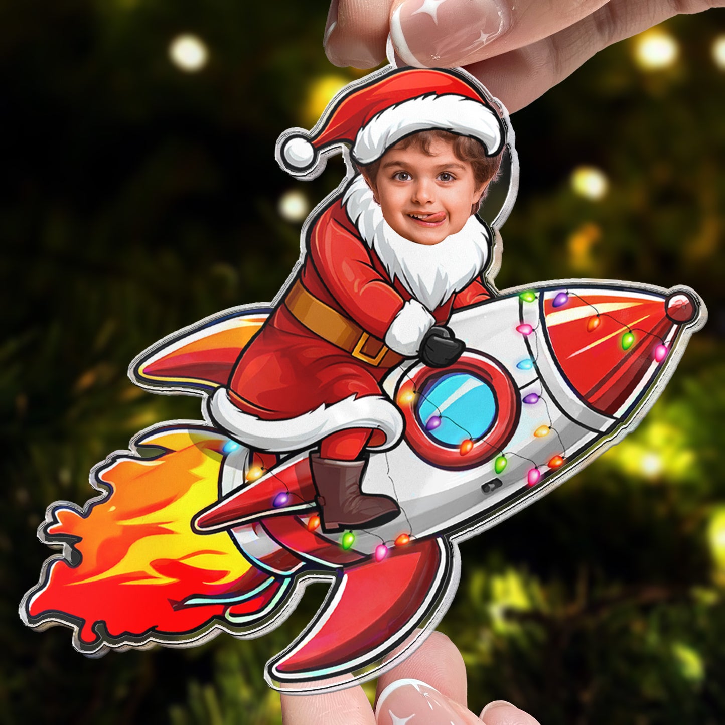 Kid Riding Rocket - Personalized Acrylic Photo Ornament