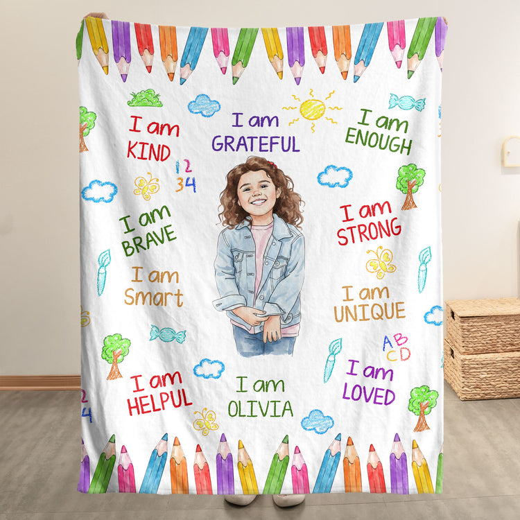 Kid-Affirmations-I-Am-Kind-Smart-Loved-Watercolor-Personalized-Blanket-1