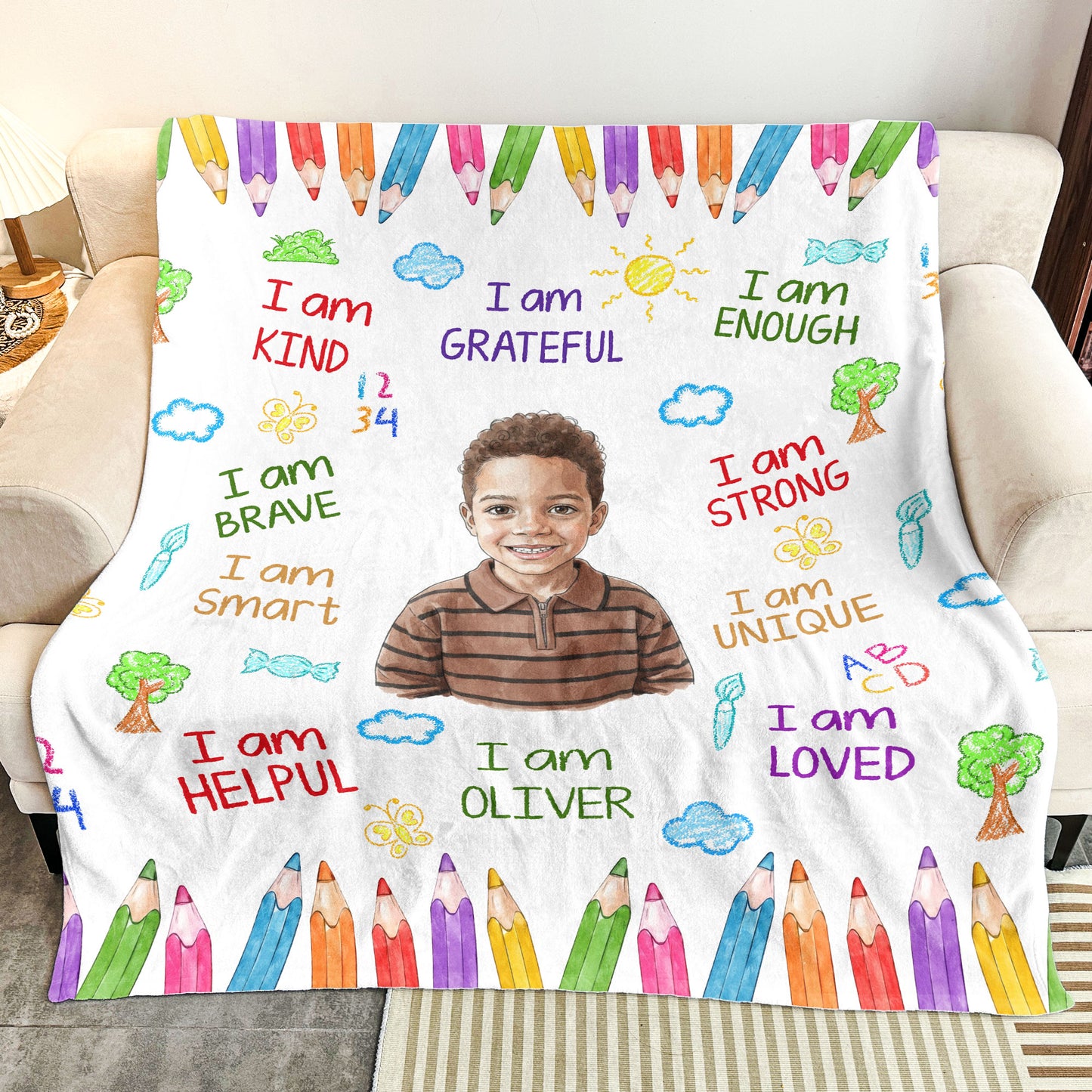 Kid-Affirmations-I-Am-Kind-Smart-Loved-Watercolor-Personalized-Blanket-2
