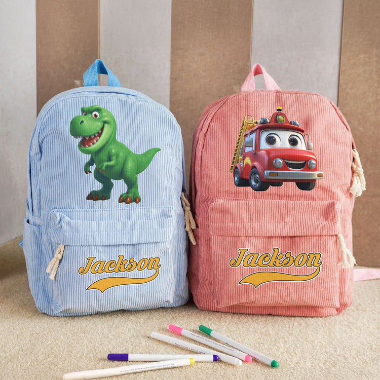Kid-Cartoon-Dinosaurus-&-Vehicles-Personalized-Backpack-1