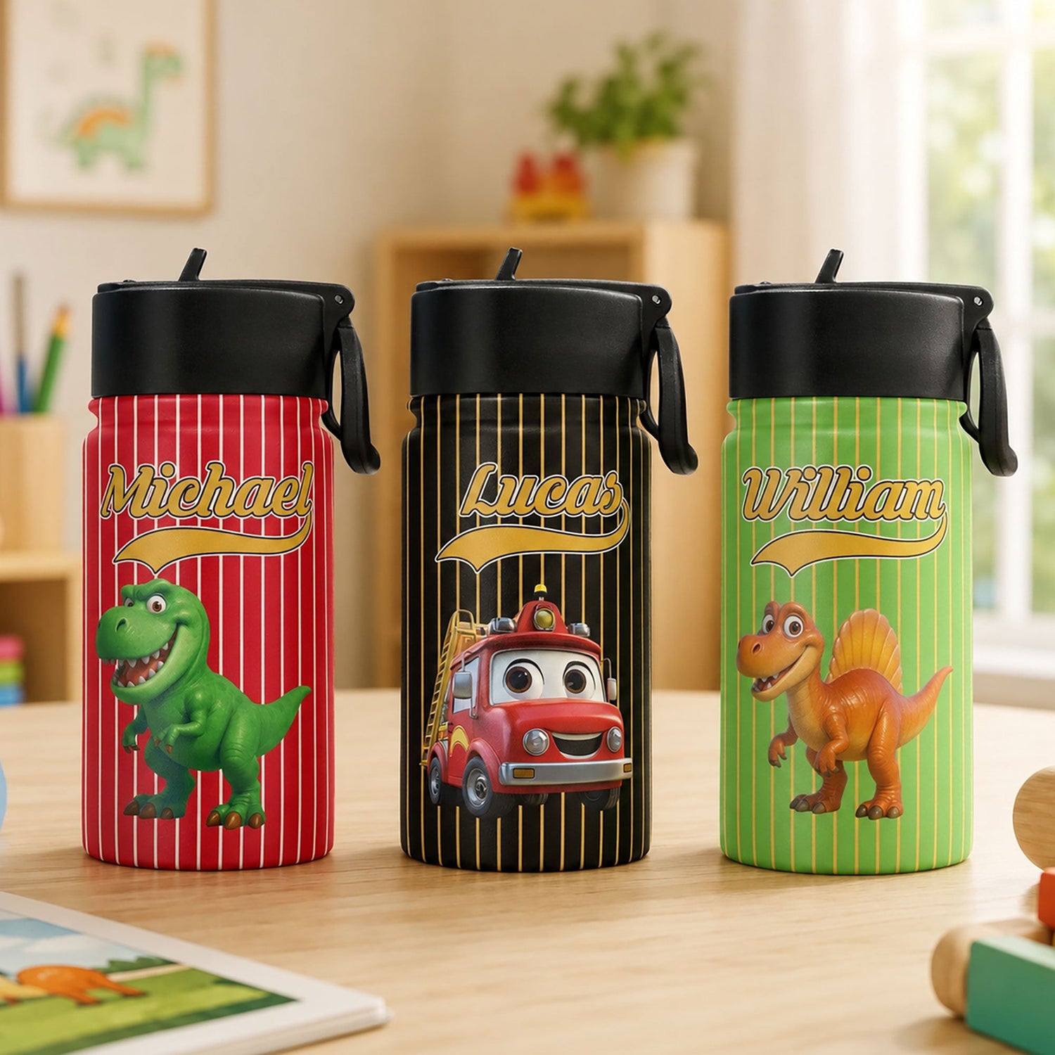 Kid_Cartoon_Dinosaurus_Vehicles_Personalized_Water_Bottle_1