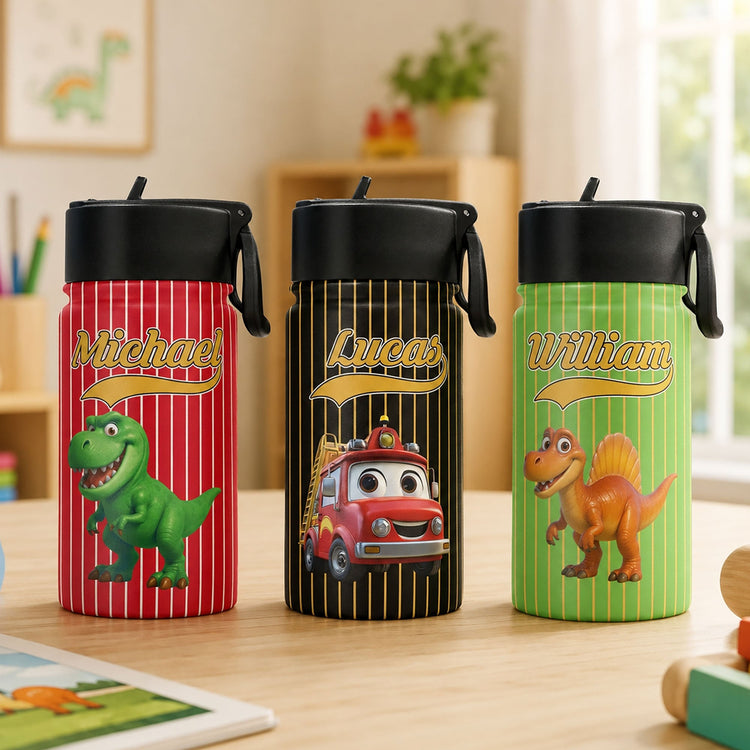Kid_Cartoon_Dinosaurus_Vehicles_Personalized_Water_Bottle_1