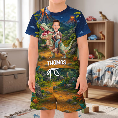 Kid Riding Dinosaur Custom Photo - Personalized Kids Clothing Set