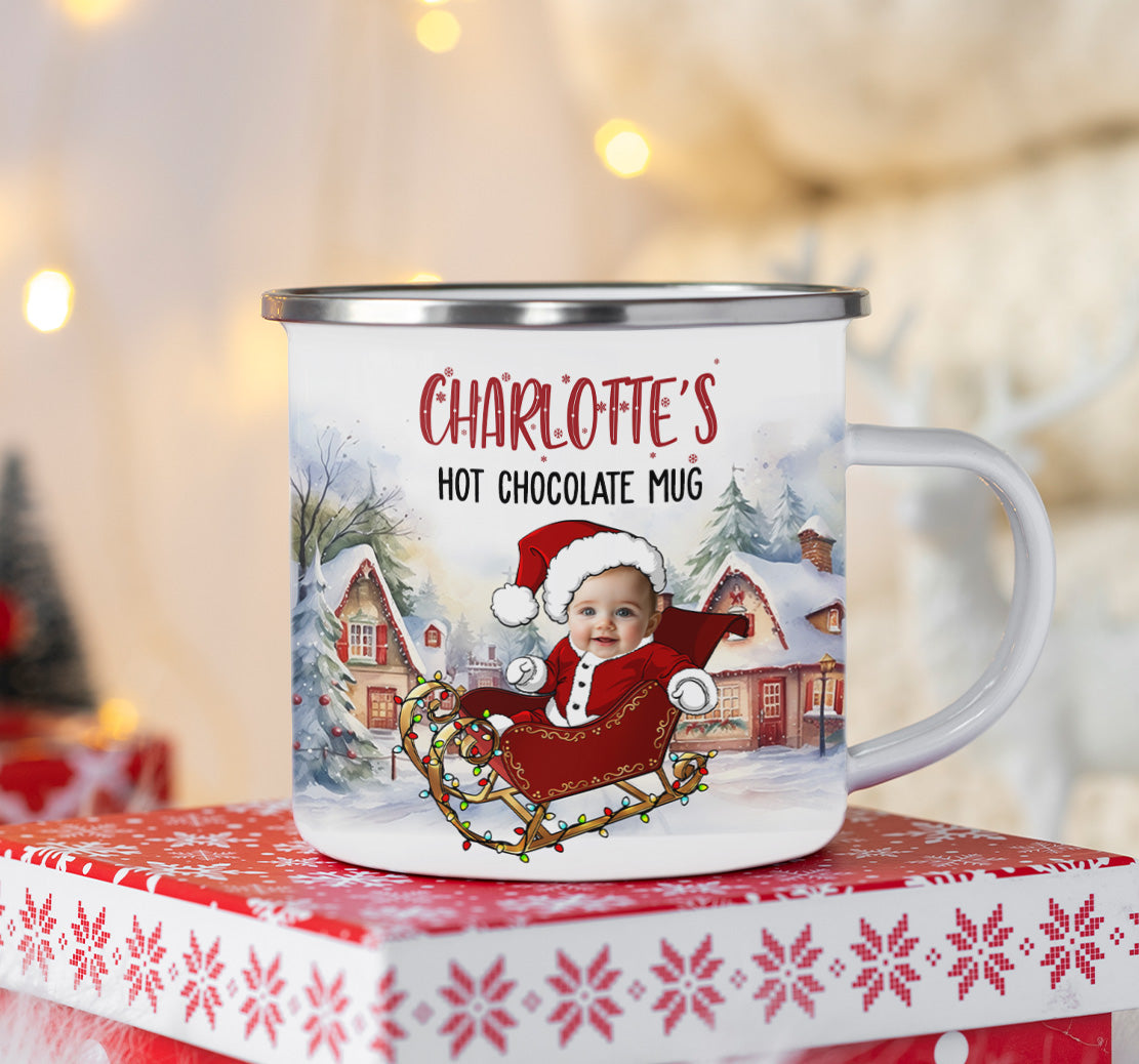 Kid's Hot Chocolate Mug With Christmas Sleigh - Personalized Photo Enamel Mug