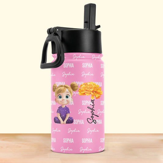 Multicolor Cute Cartoon With Birth Flower - Personalized Kids Water Bottle With Straw Lid