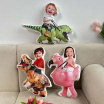 Kids Riding Dinosaur Unicorn For Sons, Daughters - Personalized Photo Custom Shaped Pillow