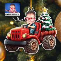 Kids Riding Red Truck With Christmas Tree - Personalized Acrylic Photo Ornament