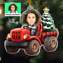 Kids Riding Red Truck With Christmas Tree - Personalized Acrylic Photo Ornament