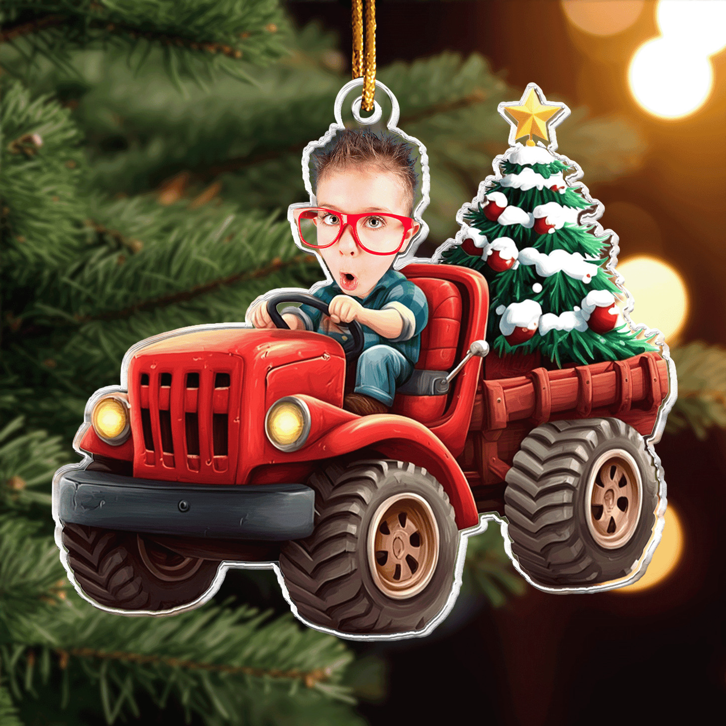 Kids Riding Red Truck With Christmas Tree - Personalized Acrylic Photo Ornament