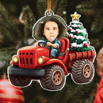 Kids Riding Red Truck With Christmas Tree - Personalized Acrylic Photo Ornament