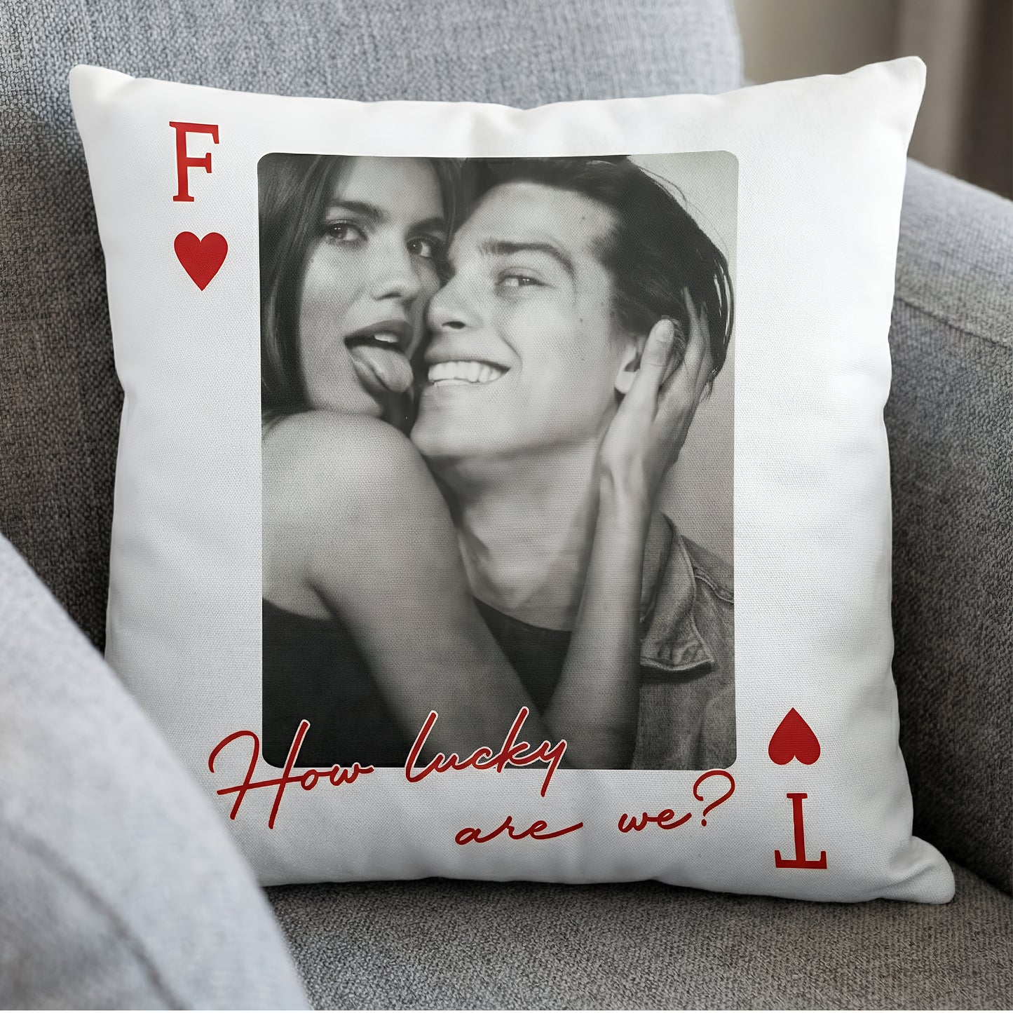 King & Queen Of Heart Custom Couples Photo Lucky Us - Personalized Photo Pillow (Insert Included)