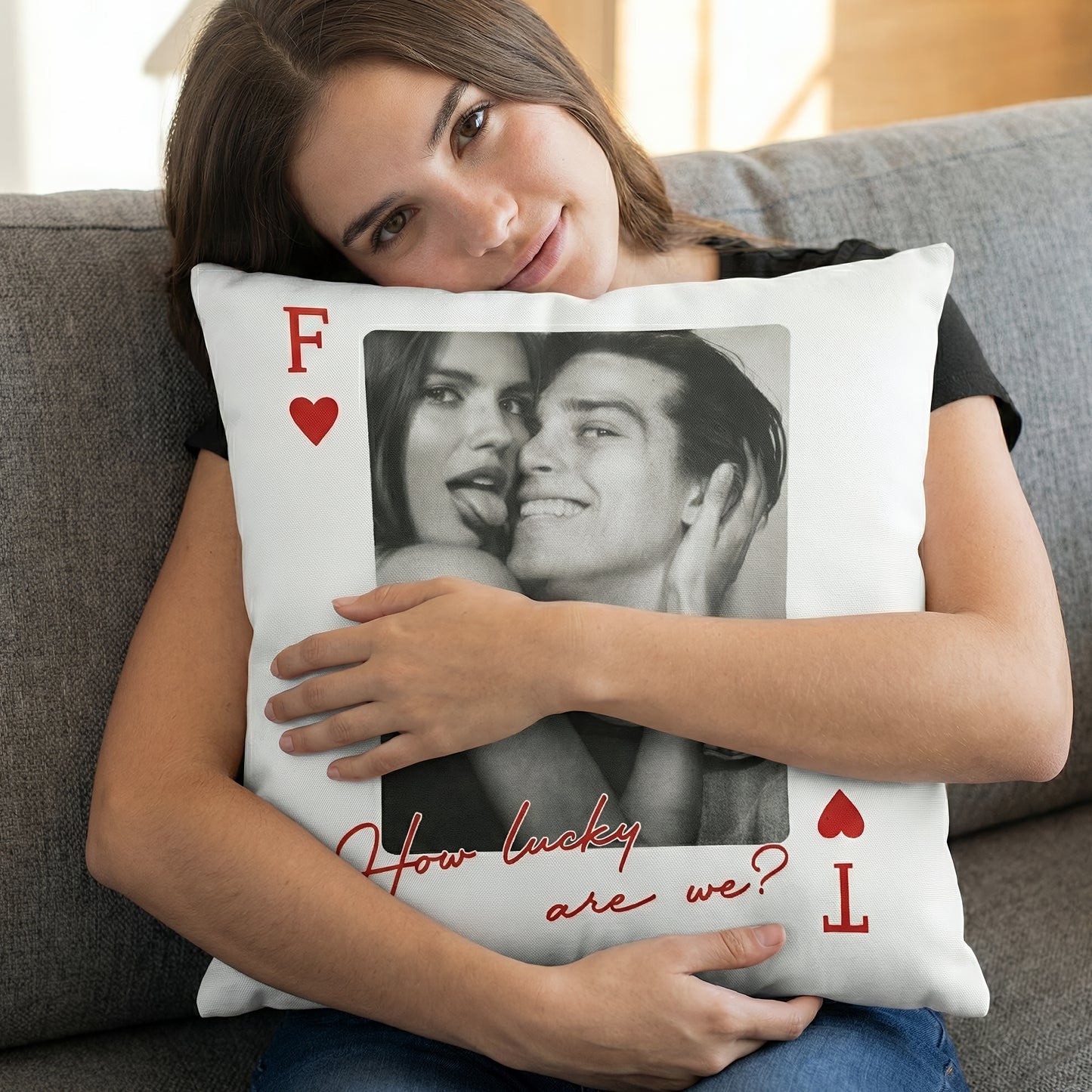 King & Queen Of Heart Custom Couples Photo Lucky Us - Personalized Photo Pillow (Insert Included)