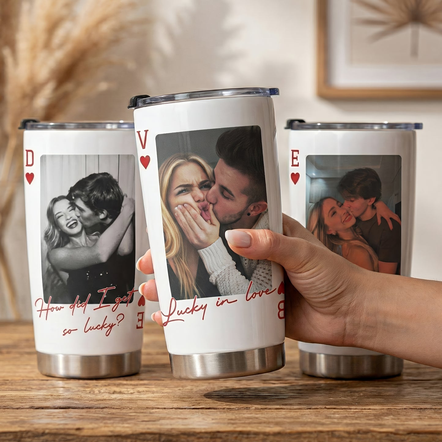 King & Queen Of Heart Custom Couples Photo Lucky Us - Personalized Photo Tumbler Cup