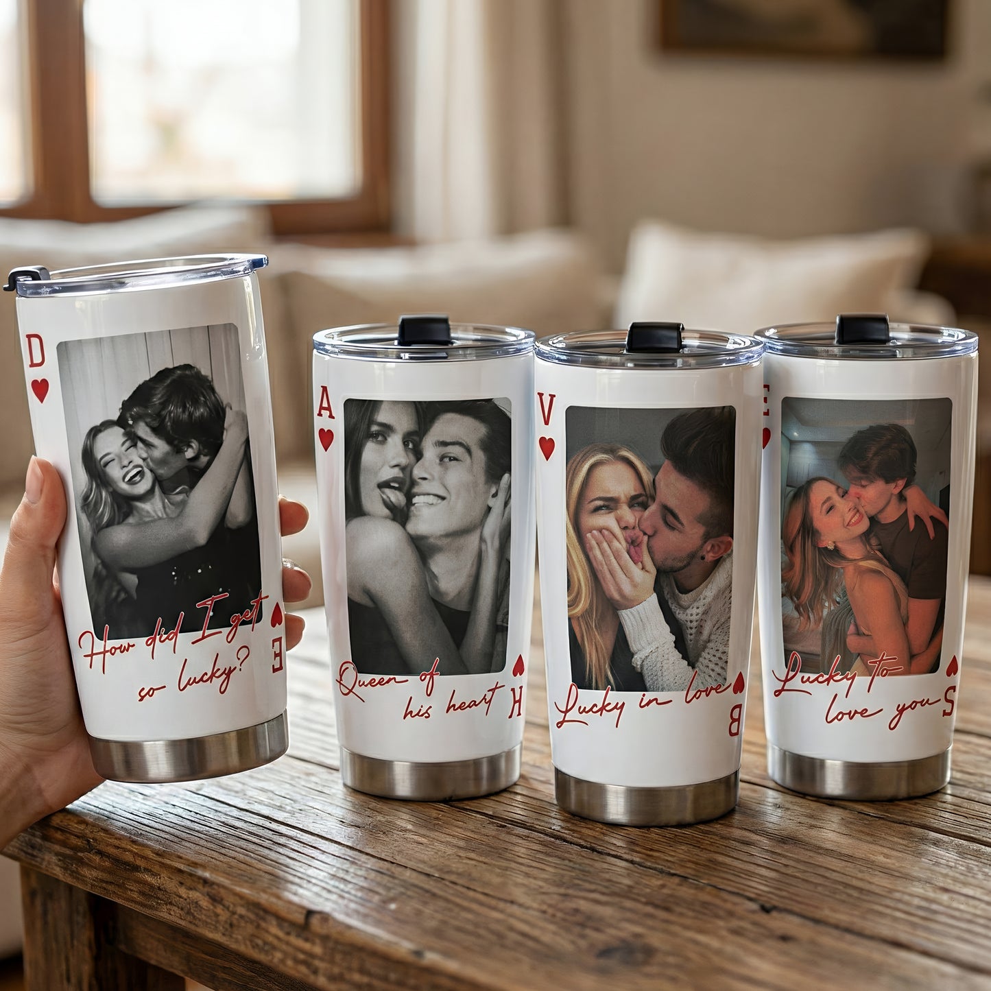King & Queen Of Heart Custom Couples Photo Lucky Us - Personalized Photo Tumbler Cup