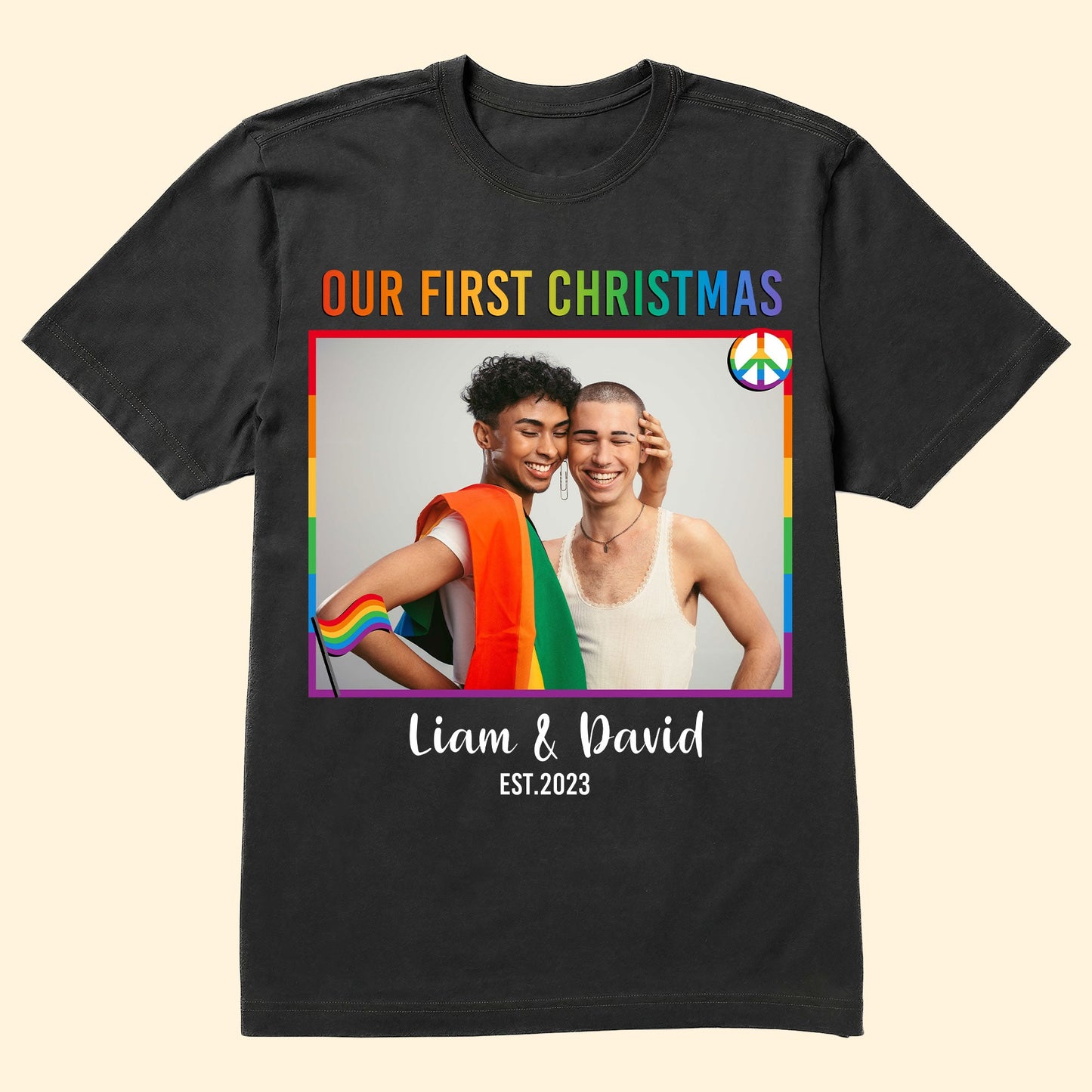 LGBT Couple Our First Christmas - Personalized Photo Matching Couple Shirt