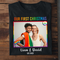 LGBT Couple Our First Christmas - Personalized Photo Matching Couple Shirt