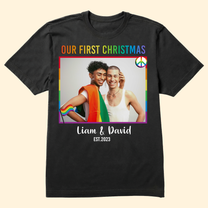 LGBT Couple Our First Christmas - Personalized Photo Matching Couple Shirt