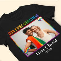 LGBT Couple Our First Christmas - Personalized Photo Matching Couple Shirt