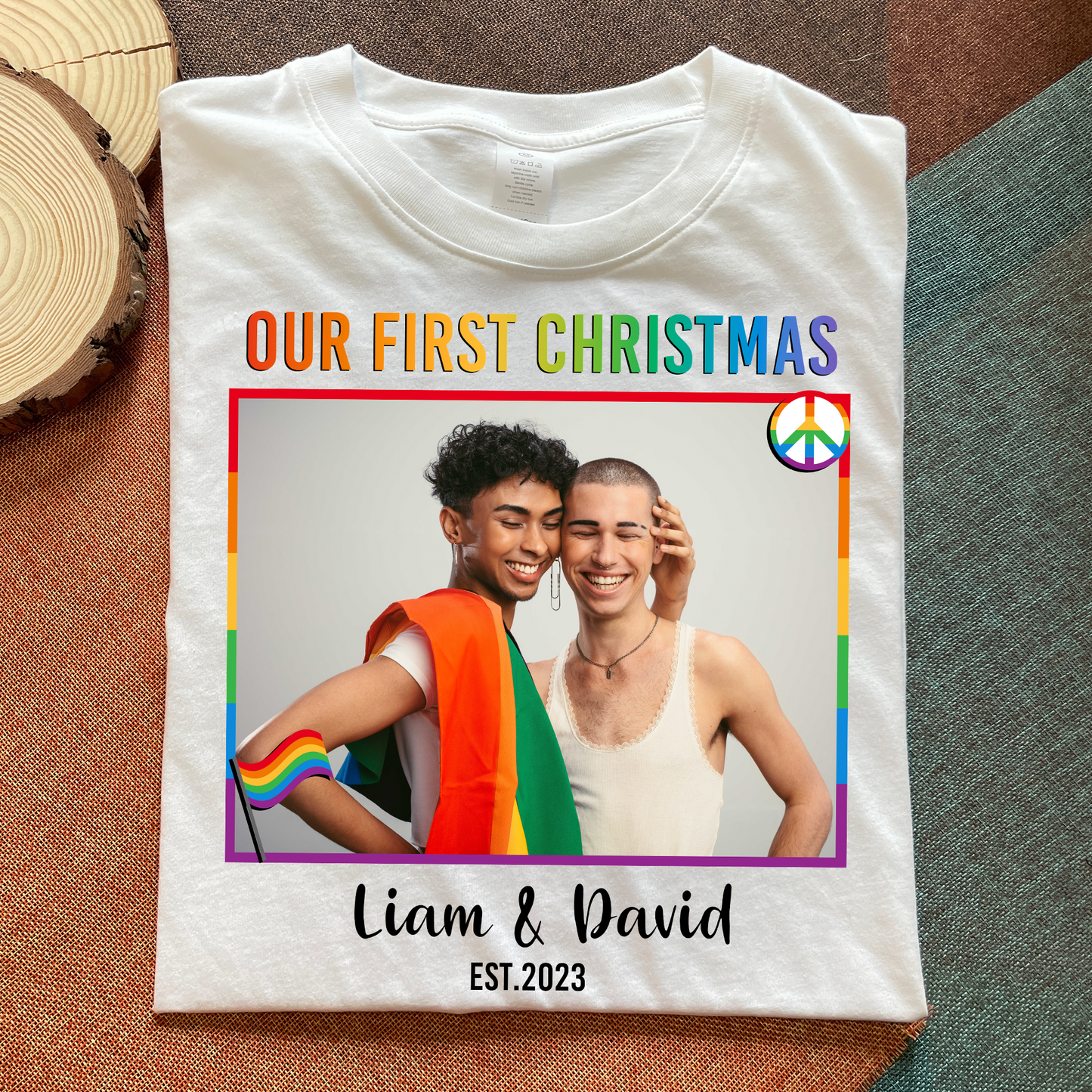 LGBT Couple Our First Christmas - Personalized Photo Matching Couple Shirt