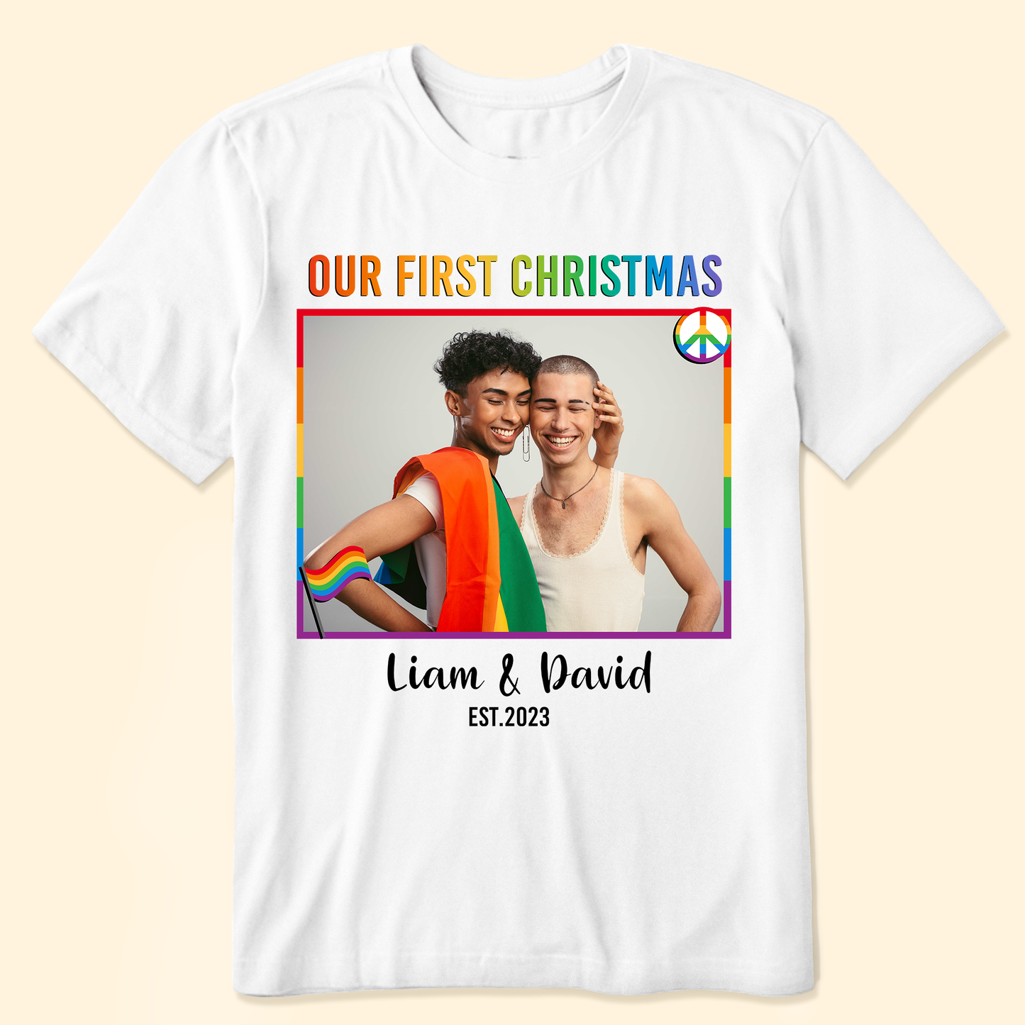 LGBT Couple Our First Christmas - Personalized Photo Matching Couple Shirt