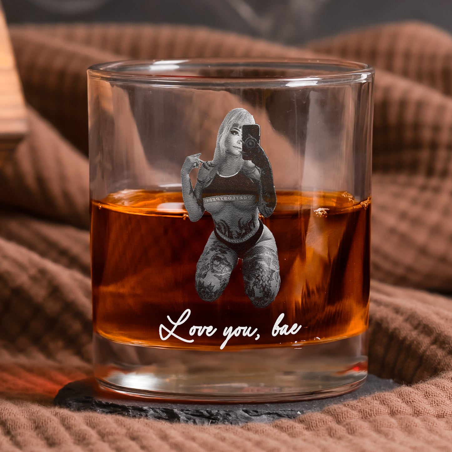 Laser-Engraved Glass With Spicy Photo For Him, Husband, Boyfriend - Personalized Whiskey Glass With Photo