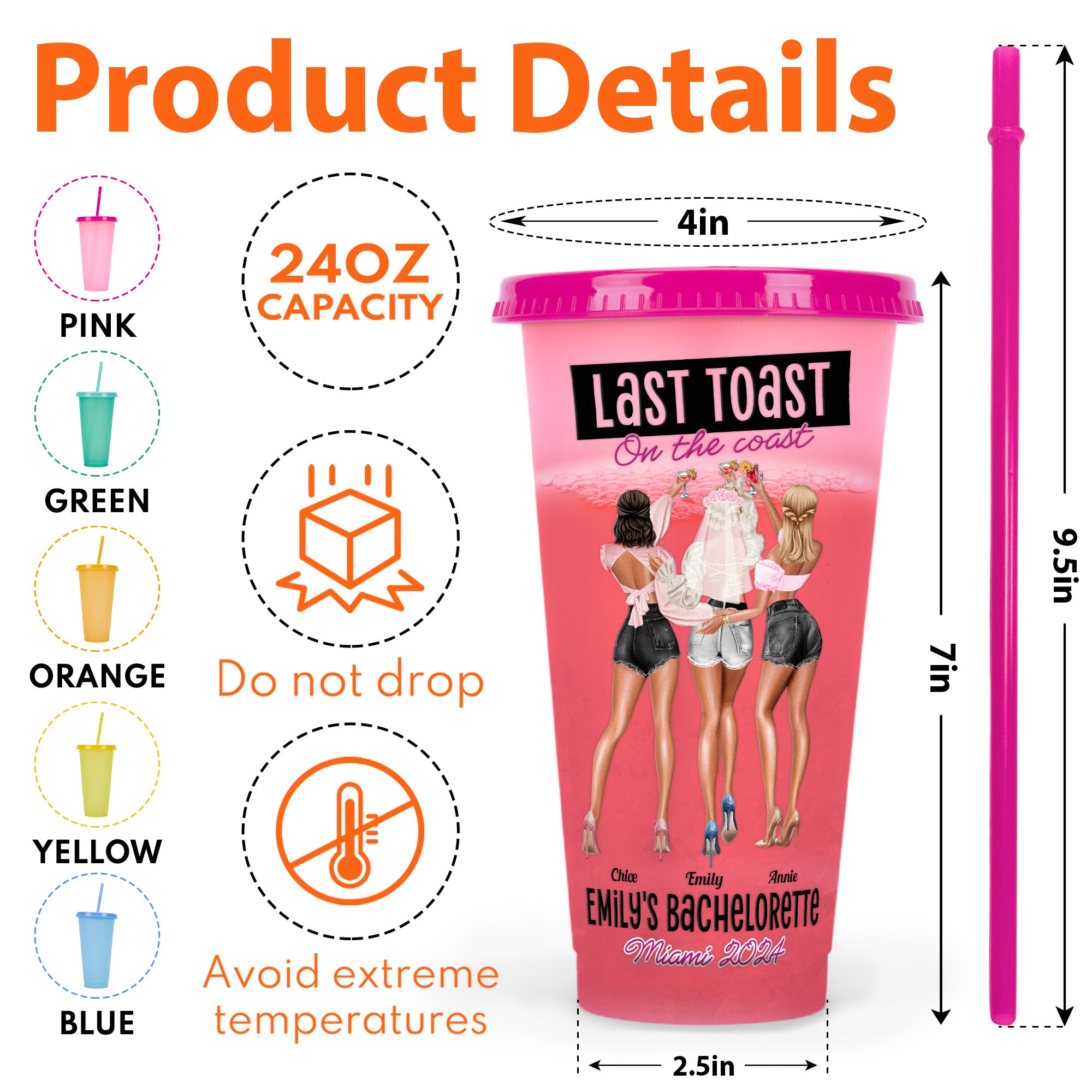Last Toast On The Coast Bachelorette Gift - Personalized Color Changing Cup