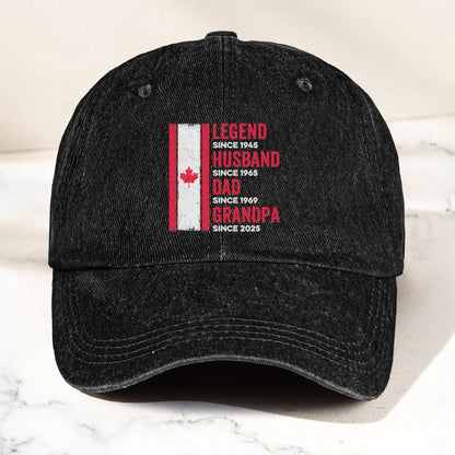 Legend, Husband, Dad And Grandpa - Canada Flag Version - Personalized Distressed Denim Cap
