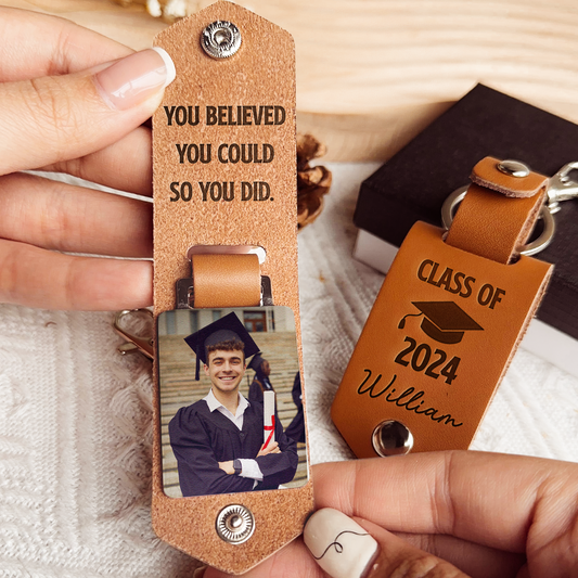 Let The Journey Begin Graduation Gift - Personalized Leather Photo Keychain