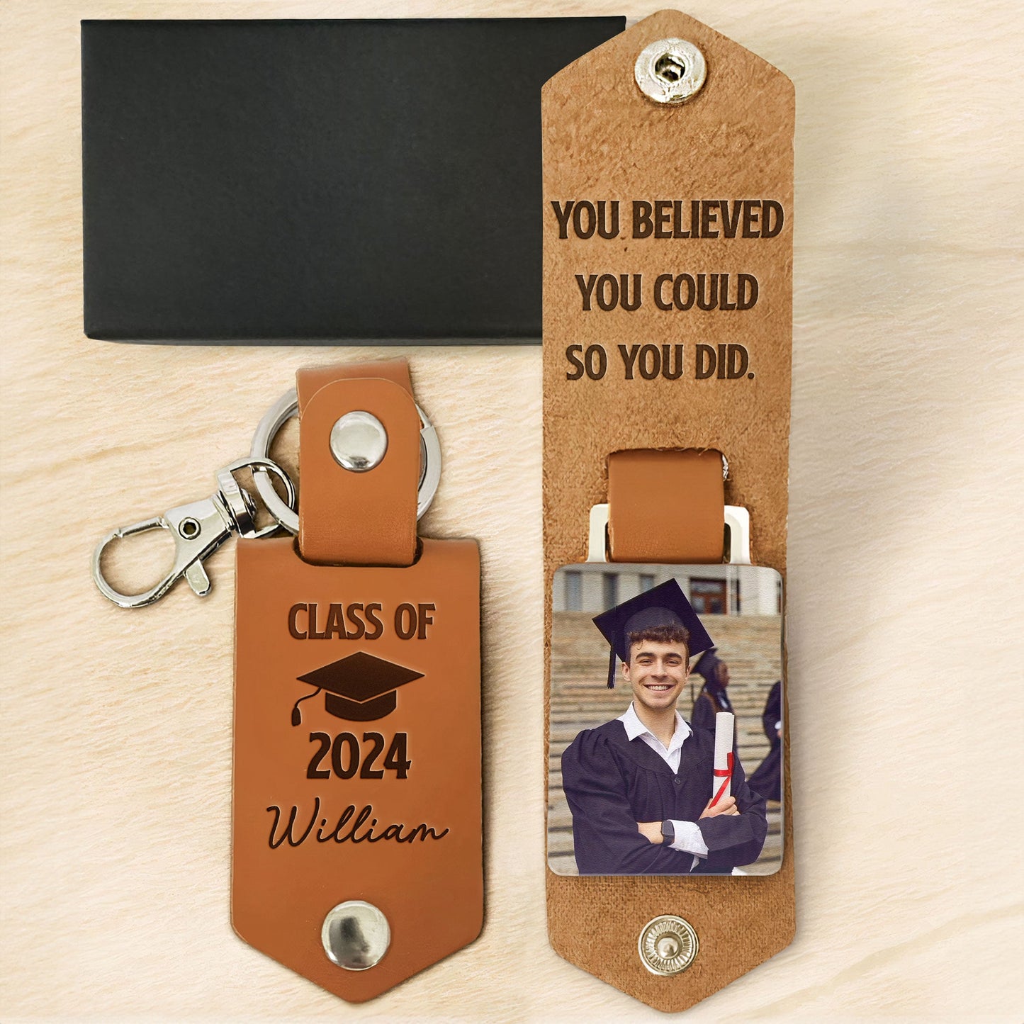 Let The Journey Begin Graduation Gift - Personalized Leather Photo Keychain