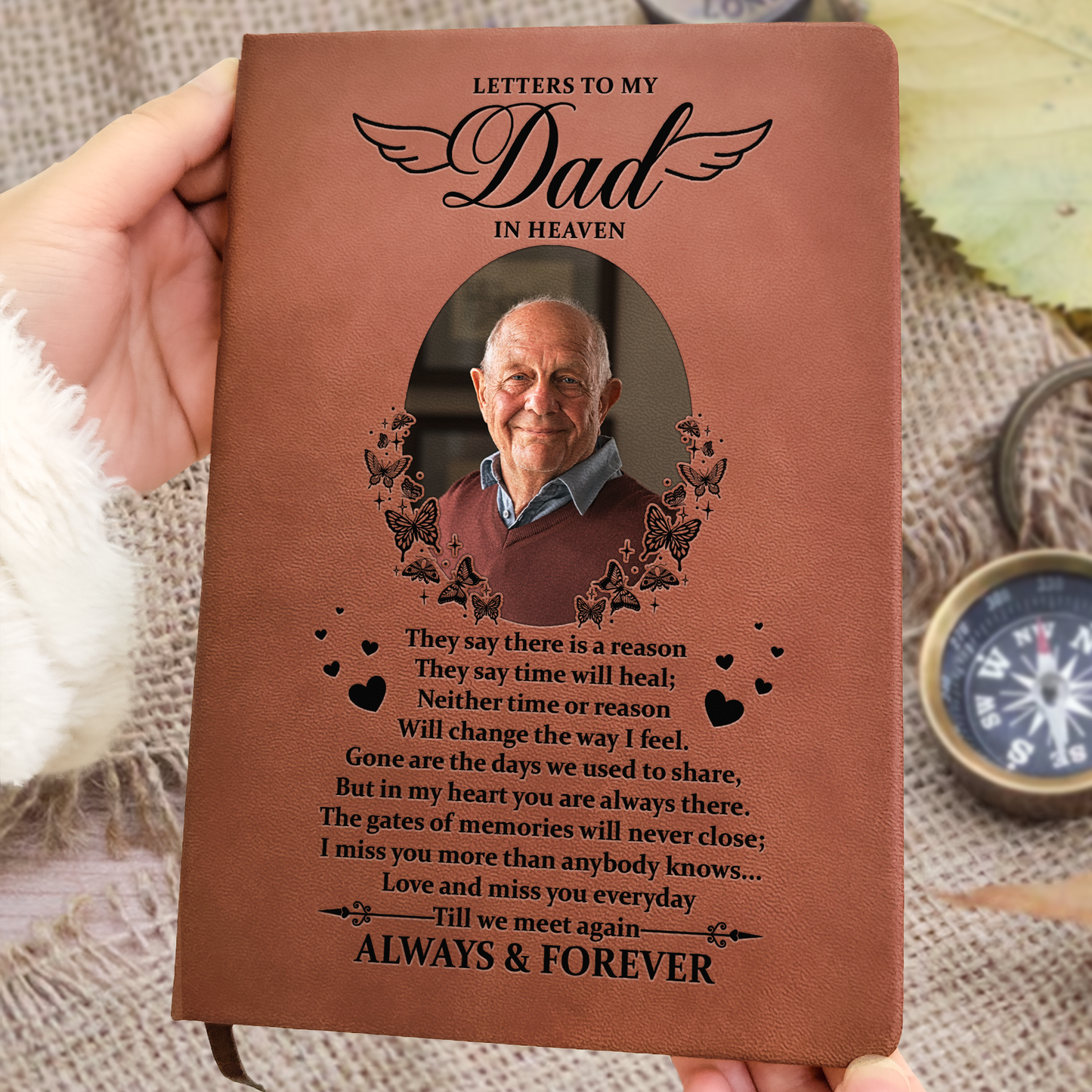 Letters To My Dad In Heaven Memorial Gift - Personalized Photo Leather Journal