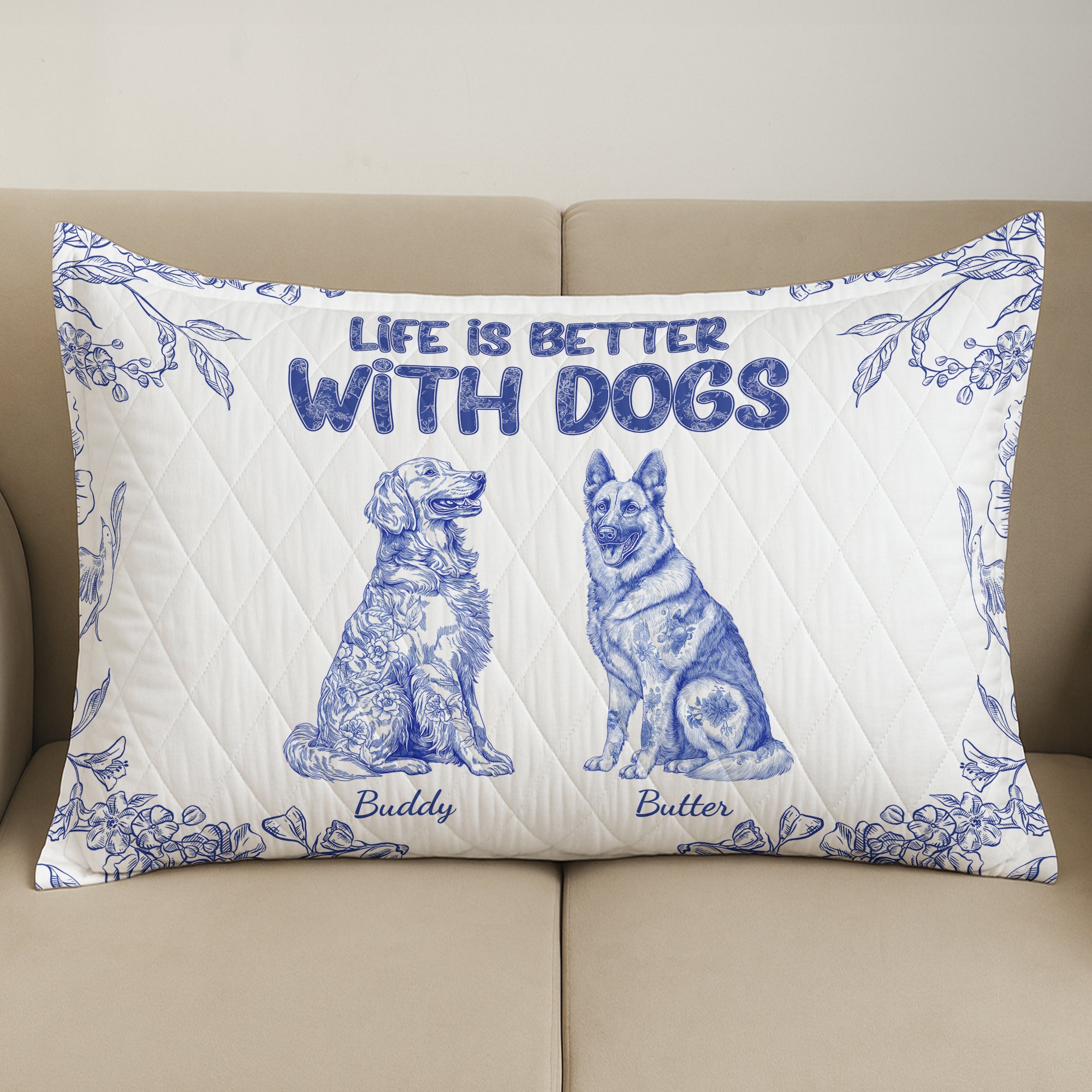 Life Is Better With Dogs Toile De Jouy Chinoiseries French Style - Custom Quilt Set