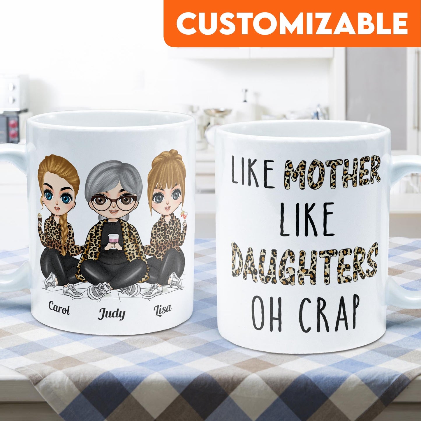 Like Mother Like Daughter Oh Crap Leopard Design  - Personalized Mug - Birthday Gift For Mother, Mom, Daughter - Chibi Girls