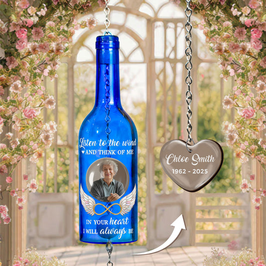 Listen To The Wind And Think Of Me Angel Wings - Personalized Photo Wine Bottle Wind Chime