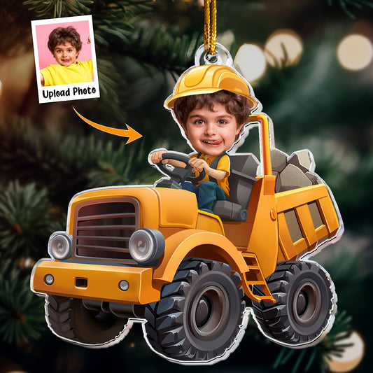 Little Boy Riding Construction Truck - Flat Design - Gifts For Kids - Personalized Acrylic Photo Ornament