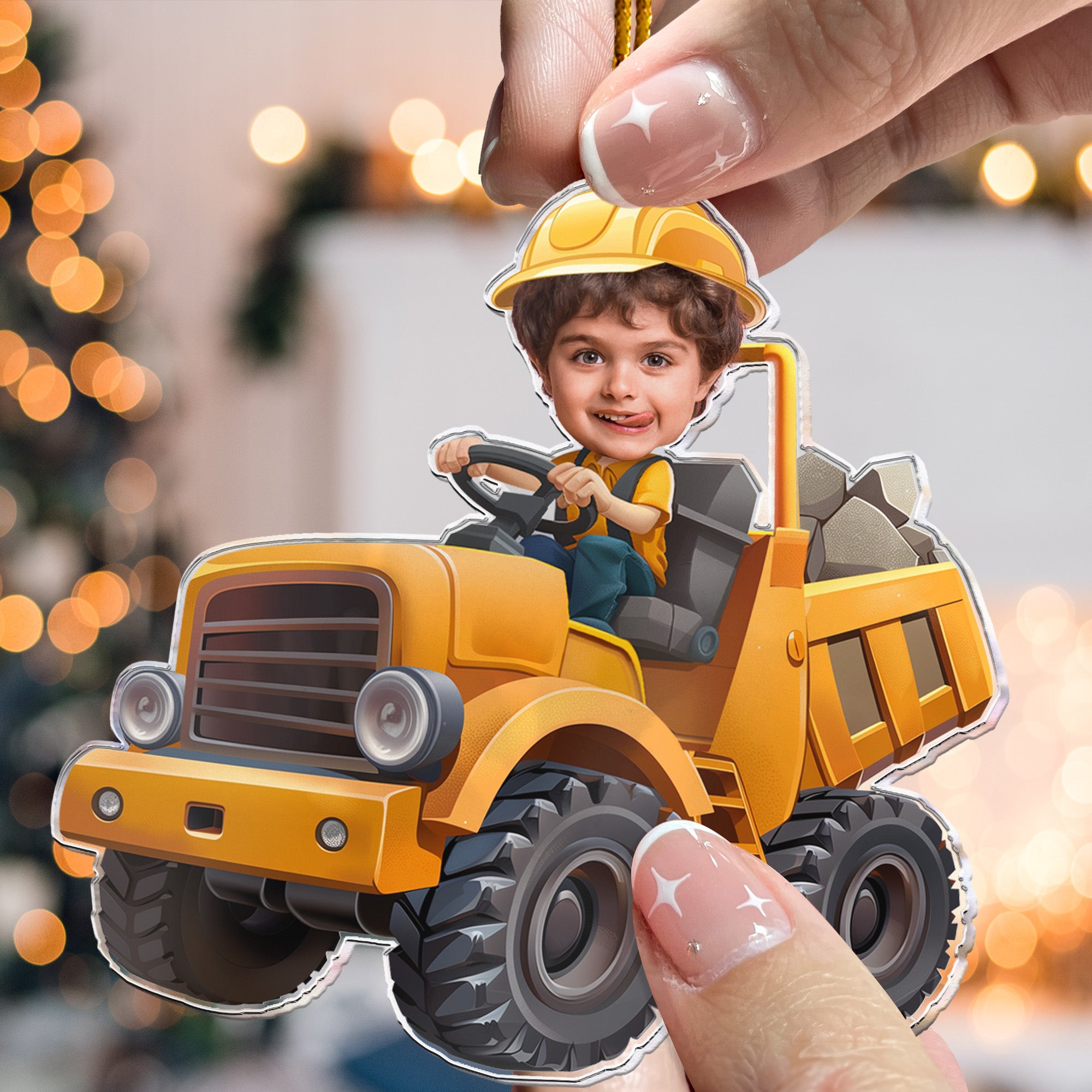 Little Boy Riding Construction Truck - Flat Design - Gifts For Kids - Personalized Acrylic Photo Ornament