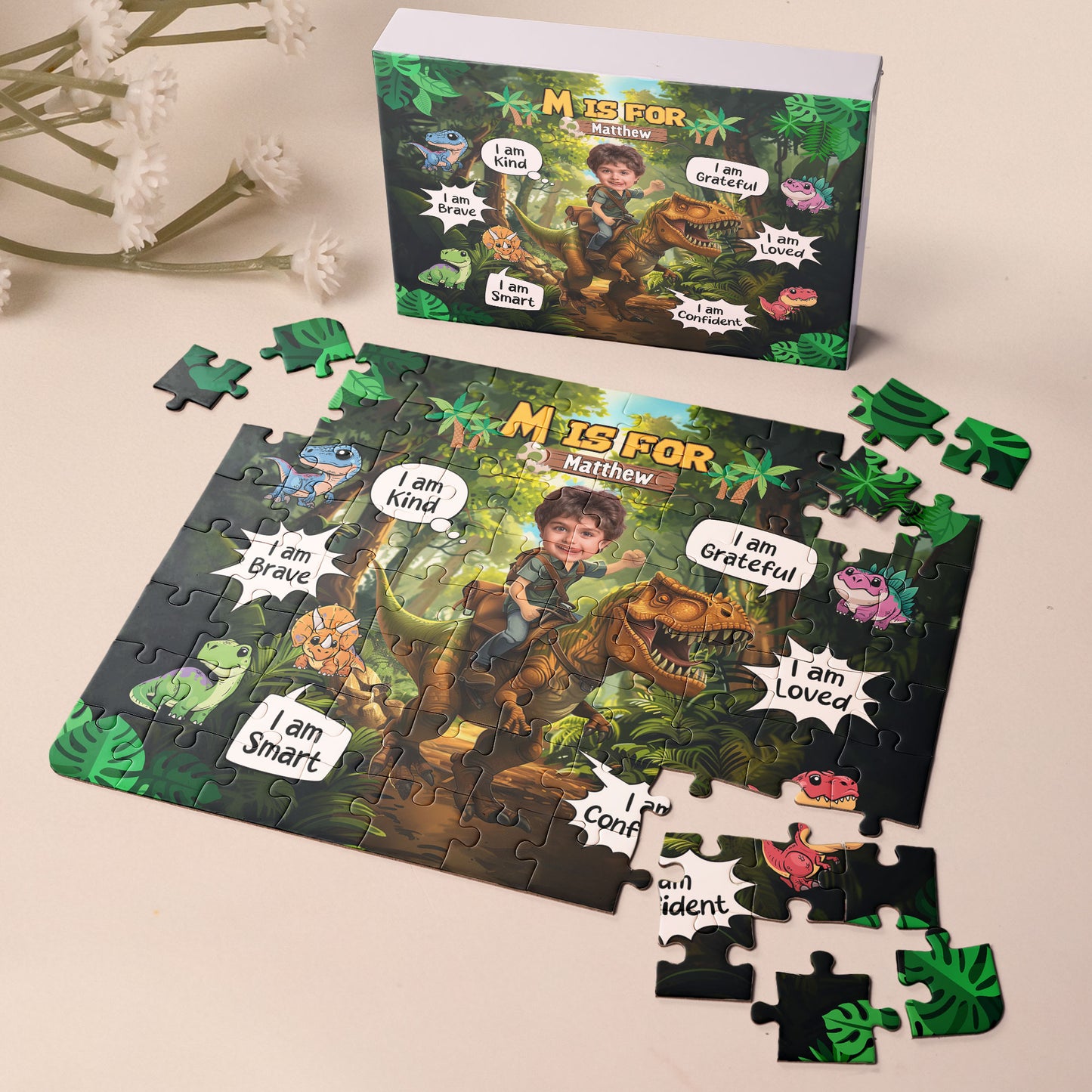 Little Boy Riding Dinosaur - I Am Kind I Am Brave - Personalized Photo Jigsaw Puzzle