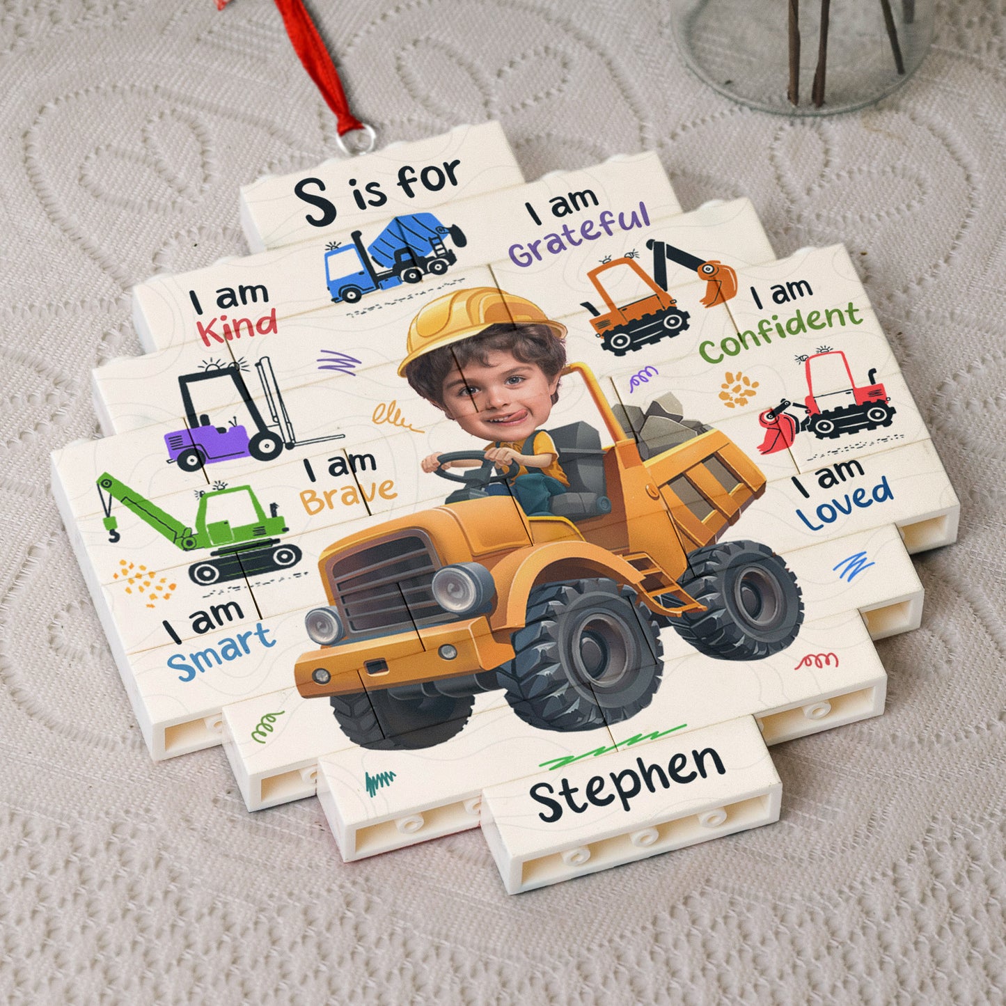 Little Kid Boy, Girl - Dream Job Contruction Truck - Custom Buildable Christmas Photo Ornament