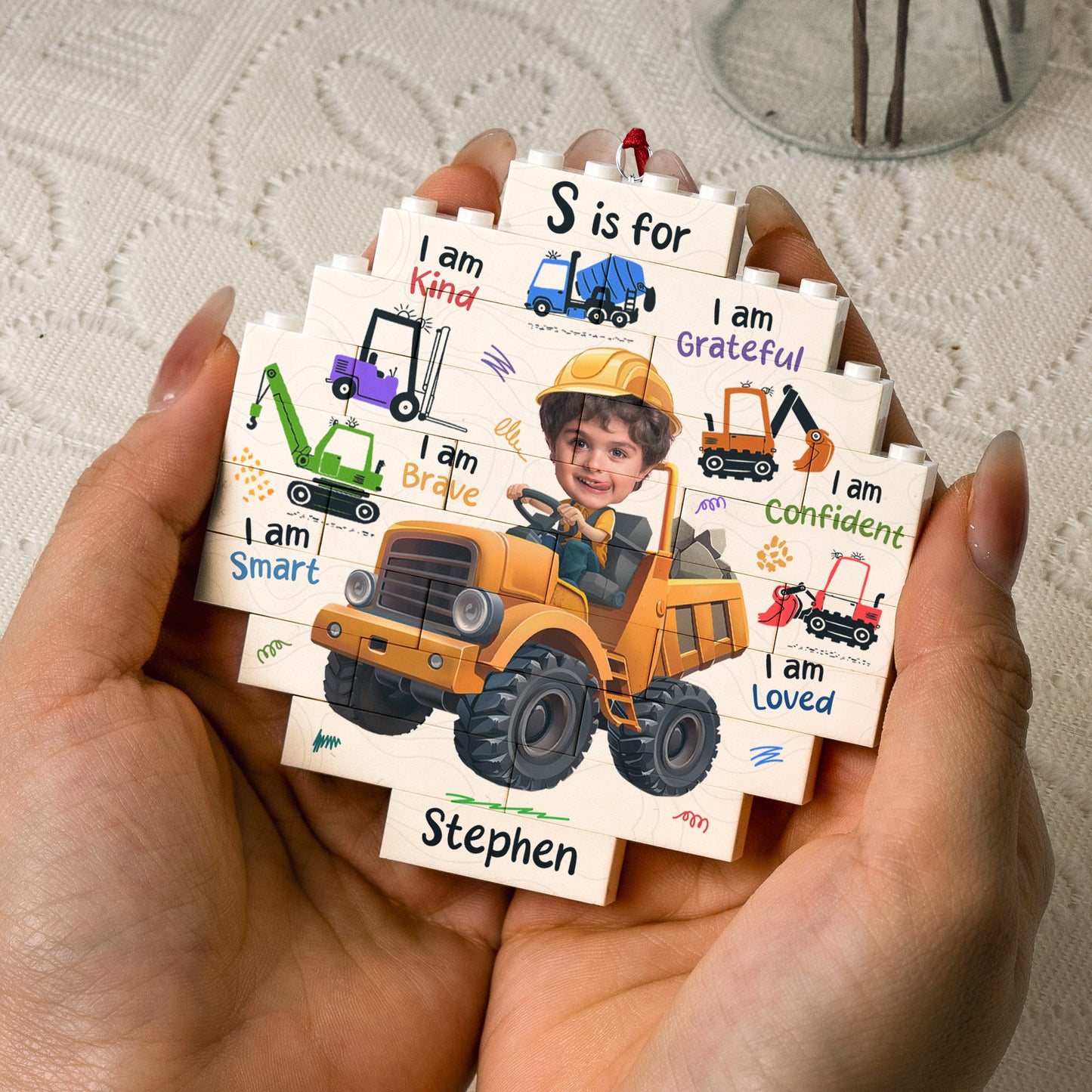 Little Kid Boy, Girl - Dream Job Contruction Truck - Custom Buildable Christmas Photo Ornament