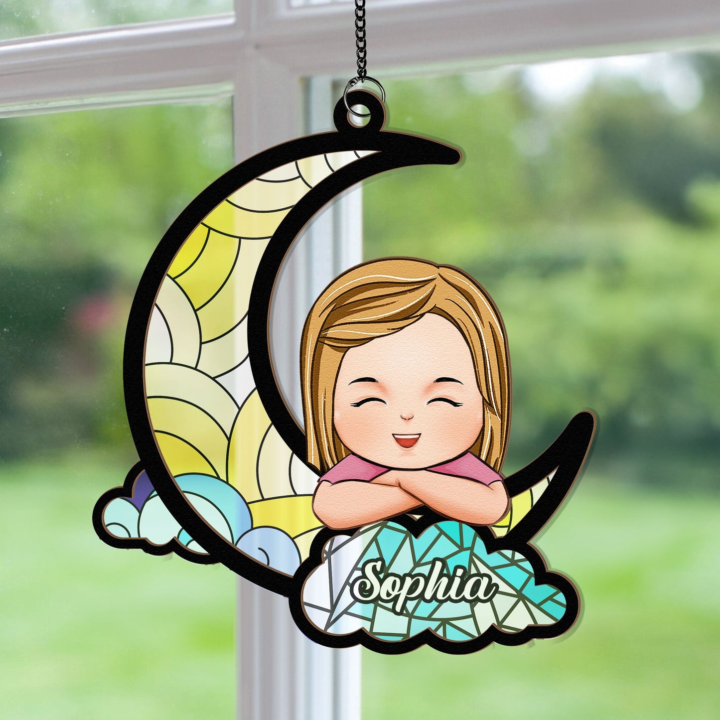 Little Kid On The Moon - Personalized Window Hanging Suncatcher Orrnament