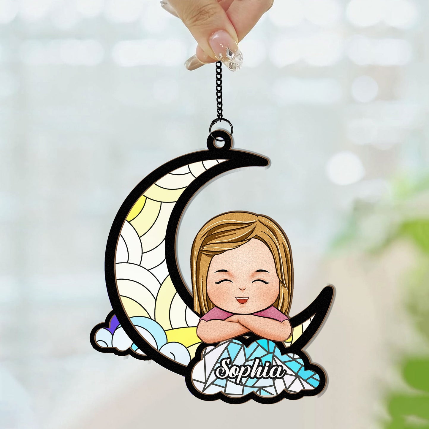 Little Kid On The Moon - Personalized Window Hanging Suncatcher Orrnament