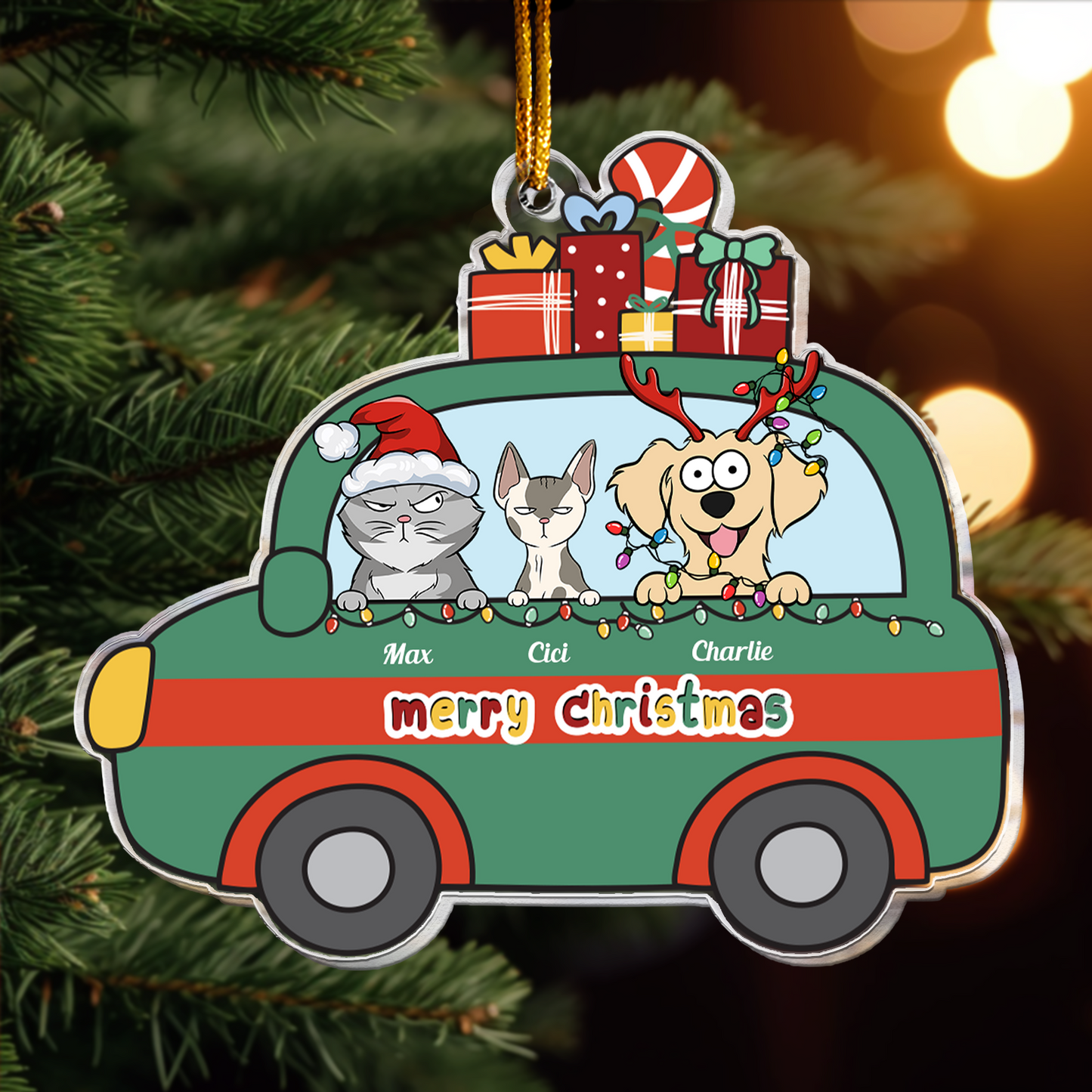 Little Pets On The Christmas Bus - Personalized Acrylic Ornament